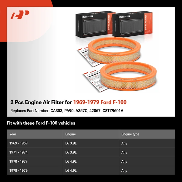 2 Pcs Engine Air Filter for 1969-1979 Ford F-100