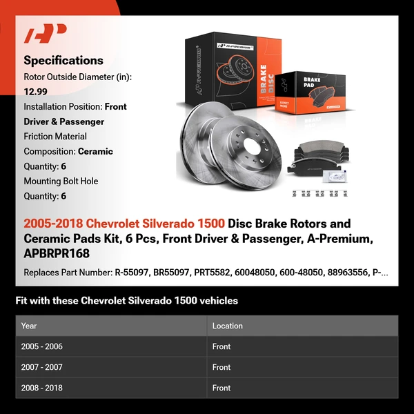 2005-2018 Chevrolet Silverado 1500 Disc Brake Rotors and Ceramic Pads Kit, 6 Pcs, Front Driver & Passenger, A-Premium, APBRPR168
