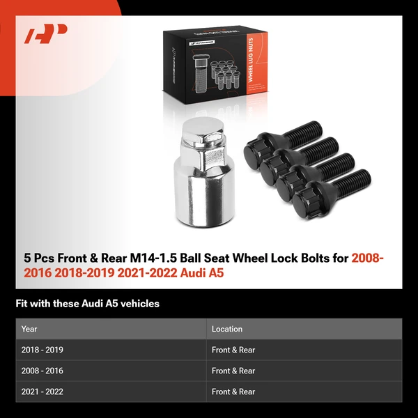 5 Pcs Front & Rear M14-1.5 Ball Seat Wheel Lock Bolts for 2008-2016 2018-2019 2021-2022 Audi A5