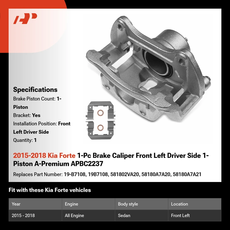 2015-2018 Kia Forte 1-Pc Brake Caliper Front Left Driver Side 1-Piston A-Premium APBC2237