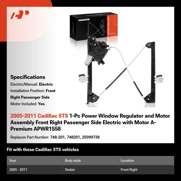 2005-2011 Cadillac STS 1-Pc Power Window Regulator and Motor Assembly Front Right Passenger Side Electric with Motor A-Premium APWR1558