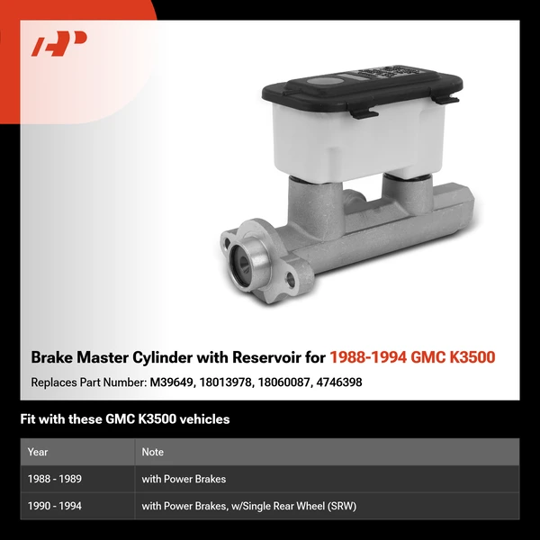 Brake Master Cylinder with Reservoir for 1988-1994 GMC K3500
