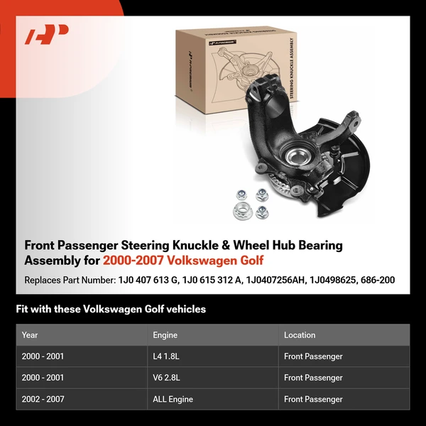Front Passenger Steering Knuckle & Wheel Hub Bearing Assembly for 2000-2007 Volkswagen Golf