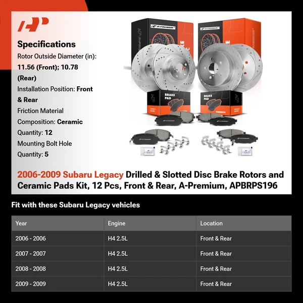 2006-2009 Subaru Legacy Drilled & Slotted Disc Brake Rotors and Ceramic Pads Kit, 12 Pcs, Front & Rear, A-Premium, APBRPS196