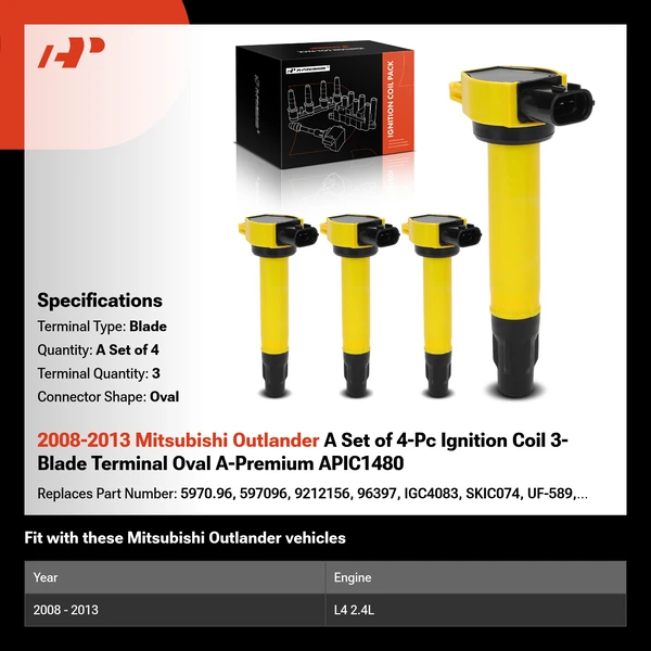 2008-2013 Mitsubishi Outlander A Set of 4-Pc Ignition Coil 3-Blade Terminal Oval A-Premium APIC1480