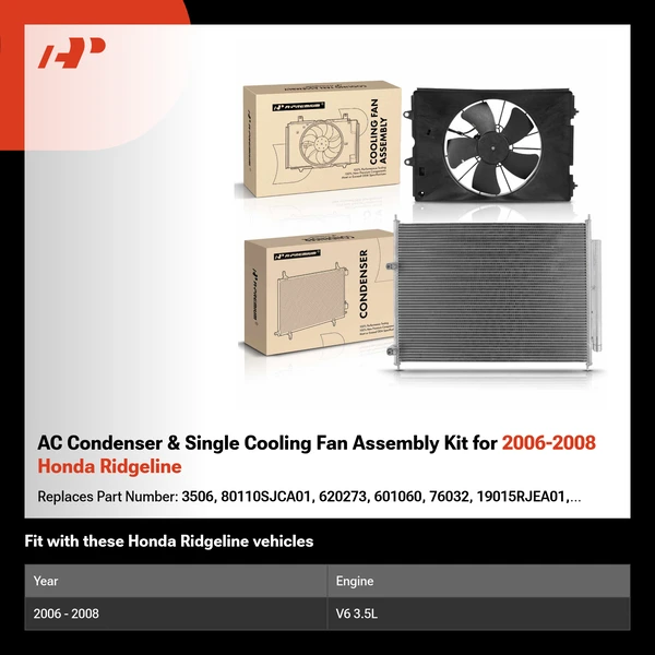 AC Condenser & Single Cooling Fan Assembly Kit for 2006-2008 Honda Ridgeline