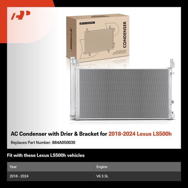 AC Condenser with Drier & Bracket for 2018-2024 Lexus LS500h