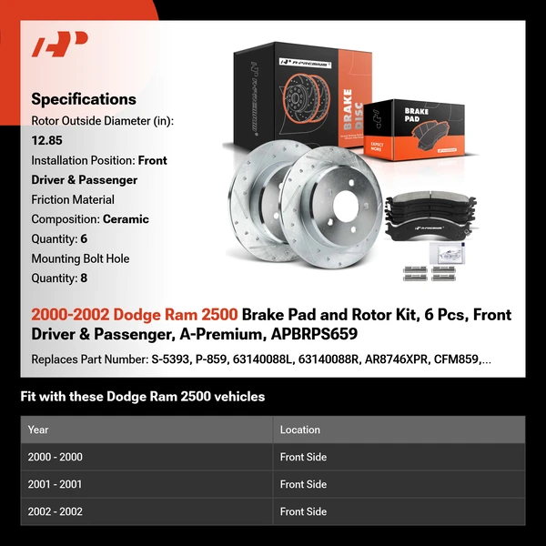 2000-2002 Dodge Ram 2500 Brake Pad and Rotor Kit, 6 Pcs, Front Driver & Passenger, A-Premium, APBRPS659