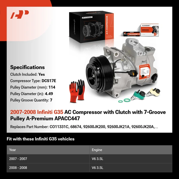2007-2008 Infiniti G35 AC Compressor with Clutch with 7-Groove Pulley A-Premium APACC447
