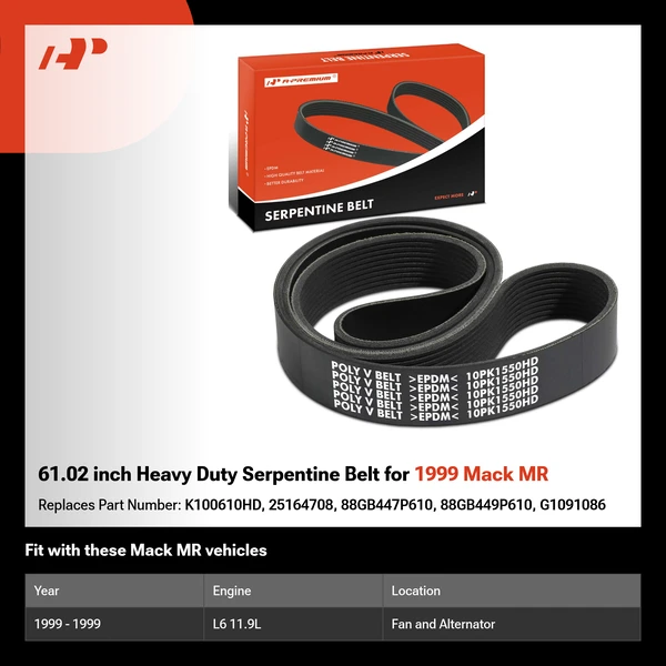 61.02 inch Heavy Duty Serpentine Belt for 1999 Mack MR