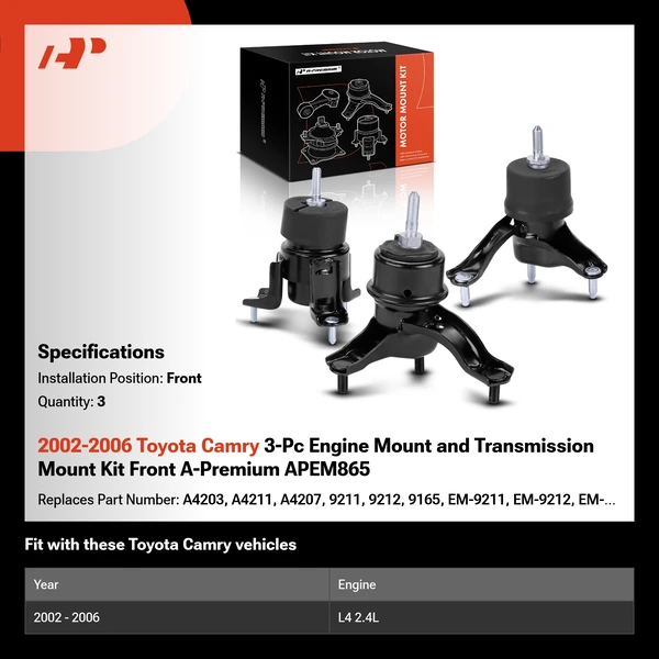 2002-2006 Toyota Camry 3-Pc Engine Mount and Transmission Mount Kit Front A-Premium APEM865