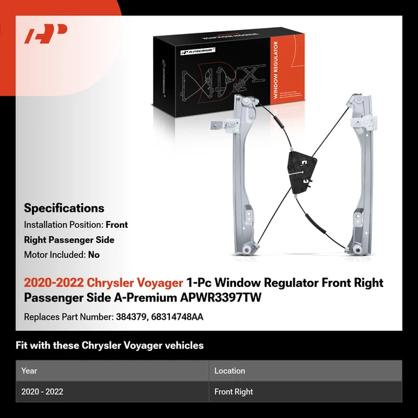 2020-2022 Chrysler Voyager 1-Pc Window Regulator Front Right Passenger Side A-Premium APWR3397TW