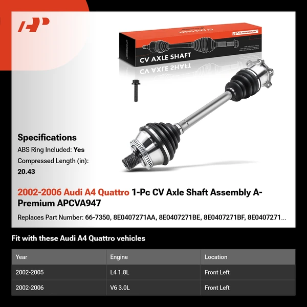 2002-2006 Audi A4 Quattro 1-Pc CV Axle Shaft Assembly A-Premium APCVA947