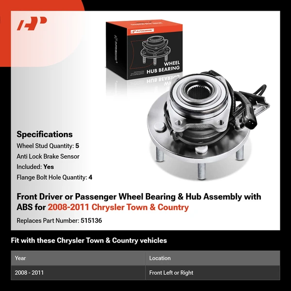 Front Driver or Passenger Wheel Bearing & Hub Assembly with ABS for 2008-2011 Chrysler Town & Country