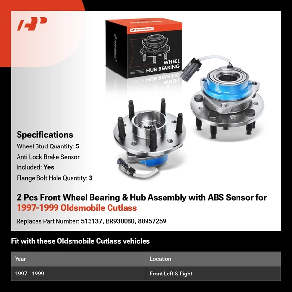 2 Pcs Front Wheel Bearing & Hub Assembly with ABS Sensor for 1997-1999 Oldsmobile Cutlass