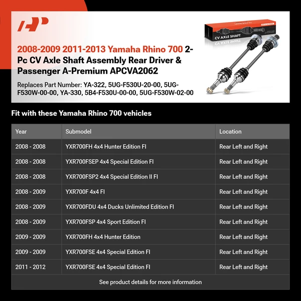 2008-2009 2011-2013 Yamaha Rhino 700 2-Pc CV Axle Shaft Assembly Rear Driver & Passenger A-Premium APCVA2062