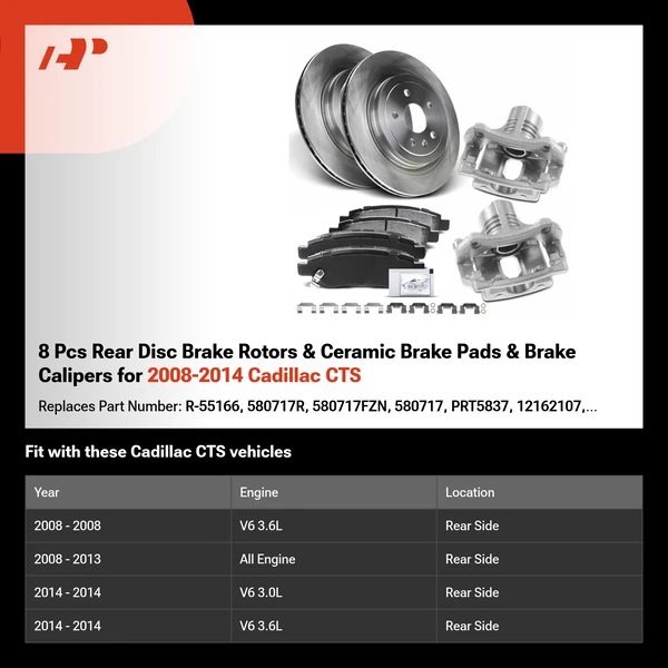 8 Pcs Rear Disc Brake Rotors & Ceramic Brake Pads & Brake Calipers for 2008-2014 Cadillac CTS