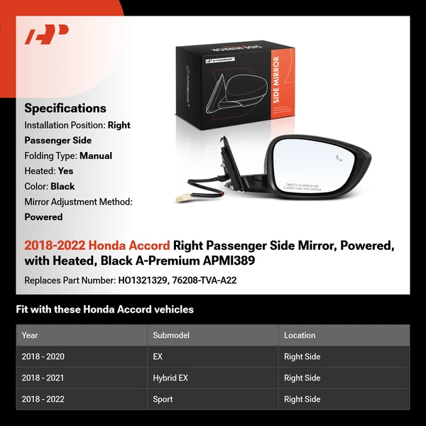 2018-2022 Honda Accord Right Passenger Side Mirror, Powered, with Heated, Black A-Premium APMI389