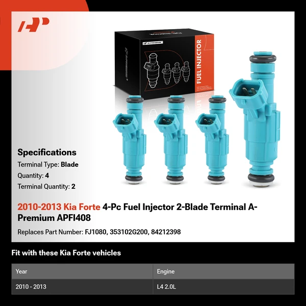2010-2013 Kia Forte 4-Pc Fuel Injector 2-Blade Terminal A-Premium APFI408