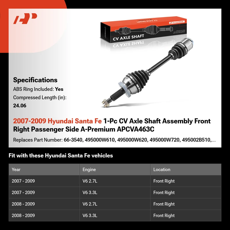2007-2009 Hyundai Santa Fe 1-Pc CV Axle Shaft Assembly Front Right Passenger Side A-Premium APCVA463C