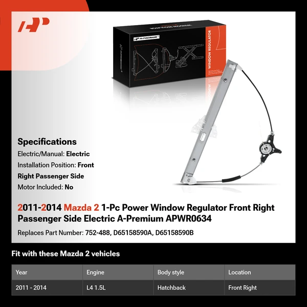 2011-2014 Mazda 2 1-Pc Power Window Regulator Front Right Passenger Side Electric A-Premium APWR0634