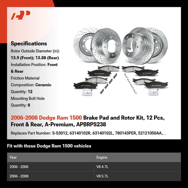 2006-2008 Dodge Ram 1500 Brake Pad and Rotor Kit, 12 Pcs, Front & Rear, A-Premium, APBRPS238
