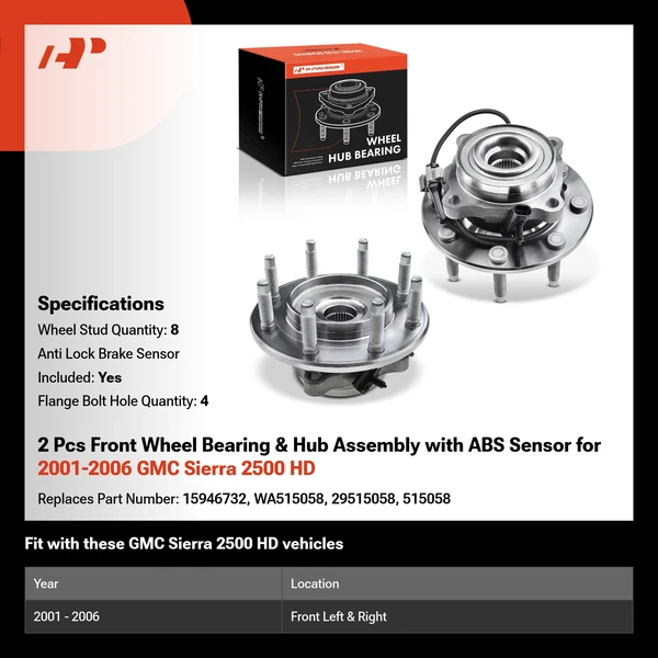2 Pcs Front Wheel Bearing & Hub Assembly with ABS Sensor for 2001-2006 GMC Sierra 2500 HD