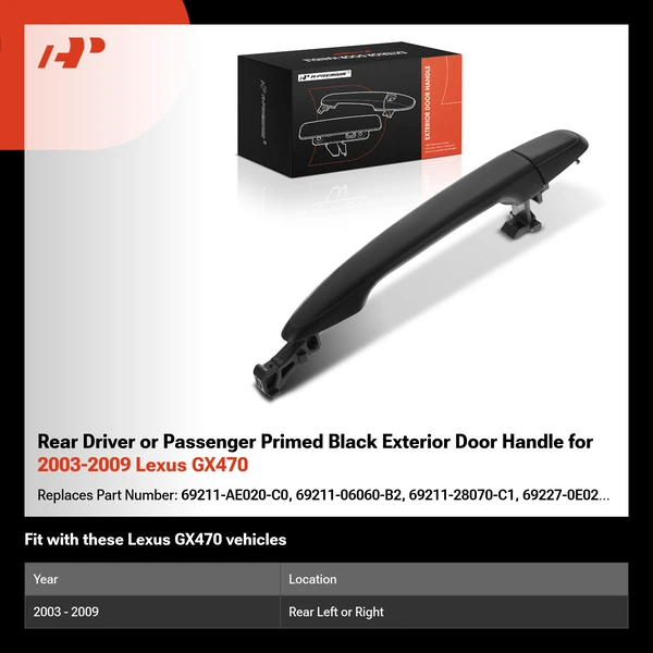 Rear Driver or Passenger Primed Black Exterior Door Handle for 2003-2009 Lexus GX470