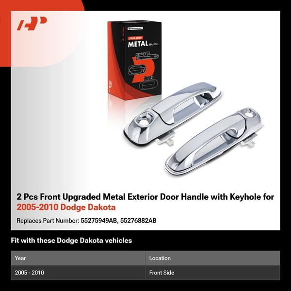 2 Pcs Front Upgraded Metal Exterior Door Handle with Keyhole for 2005-2010 Dodge Dakota