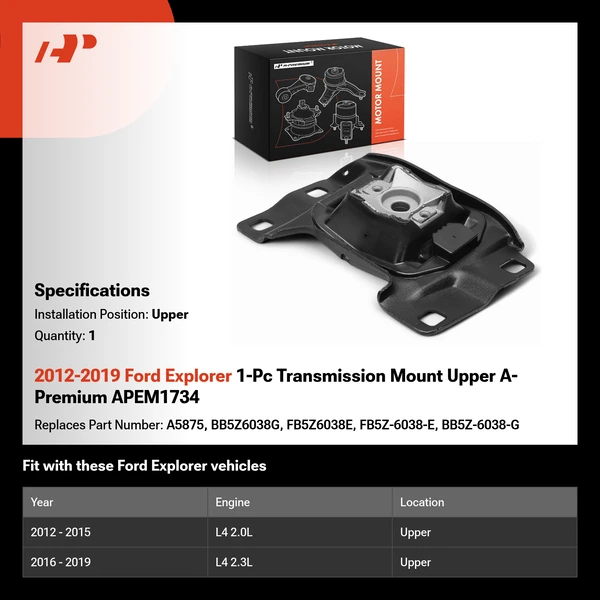 2012-2019 Ford Explorer 1-Pc Transmission Mount Upper A-Premium APEM1734