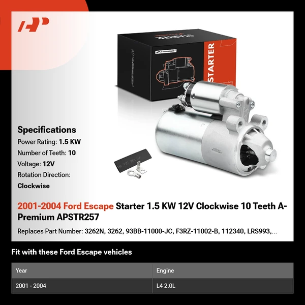 2001-2004 Ford Escape Starter 1.5 KW 12V Clockwise 10 Teeth A-Premium APSTR257