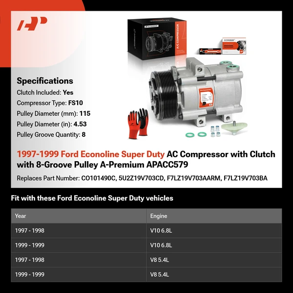 1997-1999 Ford Econoline Super Duty AC Compressor with Clutch with 8-Groove Pulley A-Premium APACC579