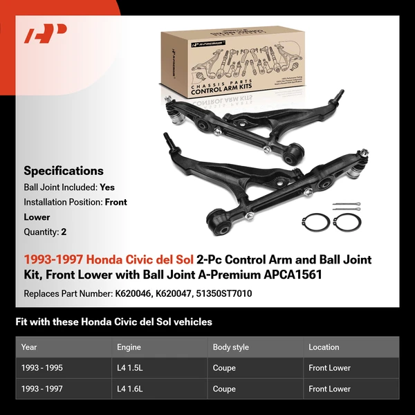1993-1997 Honda Civic del Sol 2-Pc Control Arm and Ball Joint Kit, Front Lower with Ball Joint A-Premium APCA1561