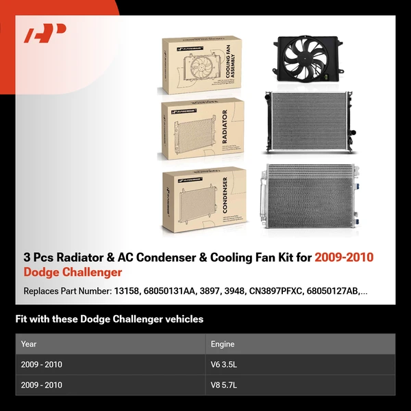 3 Pcs Radiator & AC Condenser & Cooling Fan Kit for 2009-2010 Dodge Challenger