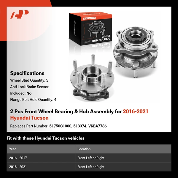 2 Pcs Front Wheel Bearing & Hub Assembly for 2016-2021 Hyundai Tucson
