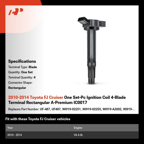 2010-2014 Toyota FJ Cruiser One Set-Pc Ignition Coil 4-Blade Terminal Rectangular A-Premium IC0017