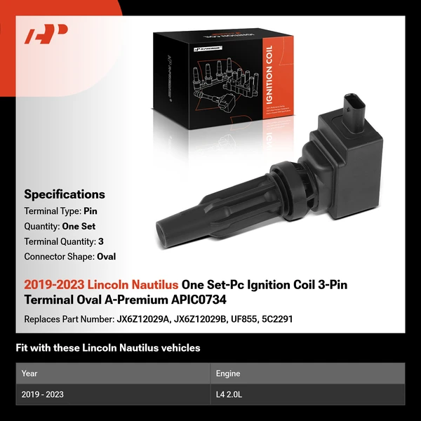 2019-2023 Lincoln Nautilus One Set-Pc Ignition Coil 3-Pin Terminal Oval A-Premium APIC0734