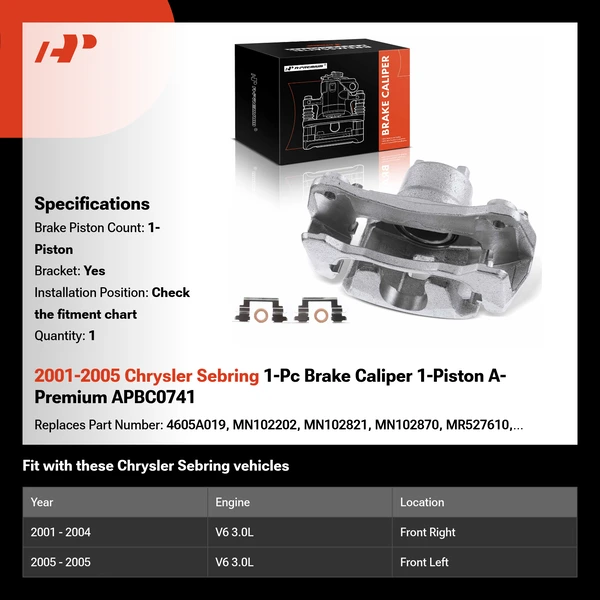 2001-2005 Chrysler Sebring 1-Pc Brake Caliper 1-Piston A-Premium APBC0741