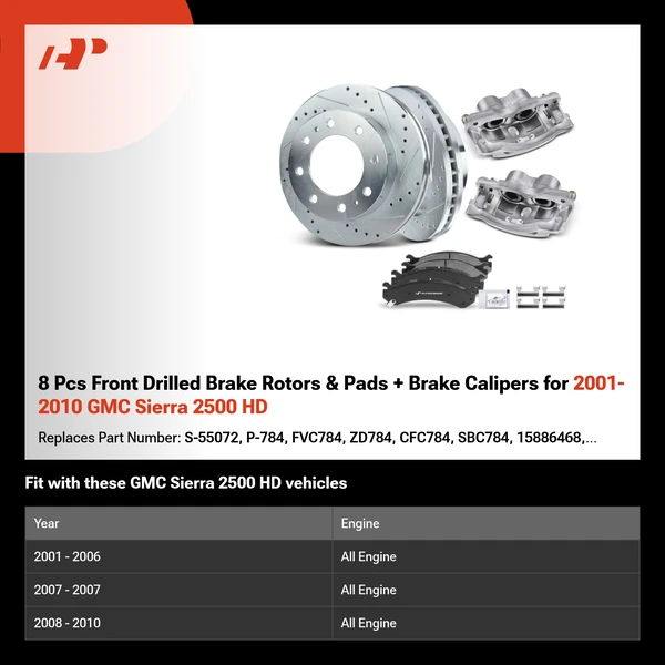 8 Pcs Front Drilled Brake Rotors & Pads + Brake Calipers for 2001-2010 GMC Sierra 2500 HD