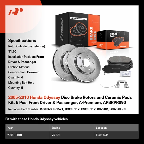 2005-2010 Honda Odyssey Disc Brake Rotors and Ceramic Pads Kit, 6 Pcs, Front Driver & Passenger, A-Premium, APBRPR090