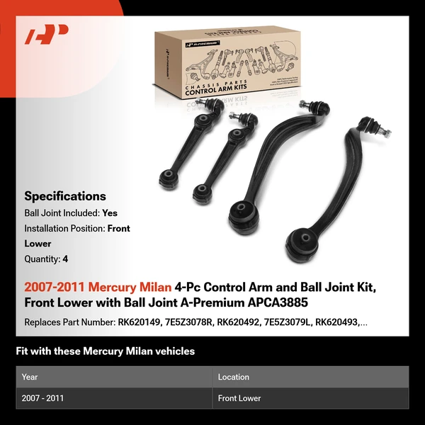 2007-2011 Mercury Milan 4-Pc Control Arm and Ball Joint Kit, Front Lower with Ball Joint A-Premium APCA3885