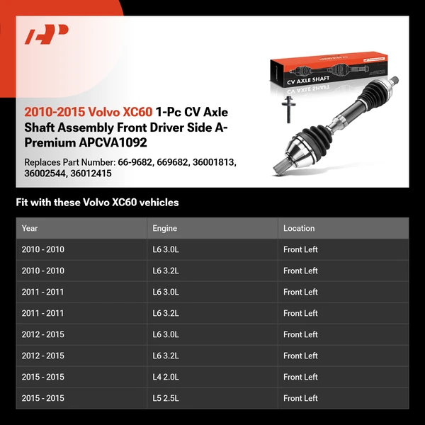 2010-2015 Volvo XC60 1-Pc CV Axle Shaft Assembly Front Driver Side A-Premium APCVA1092