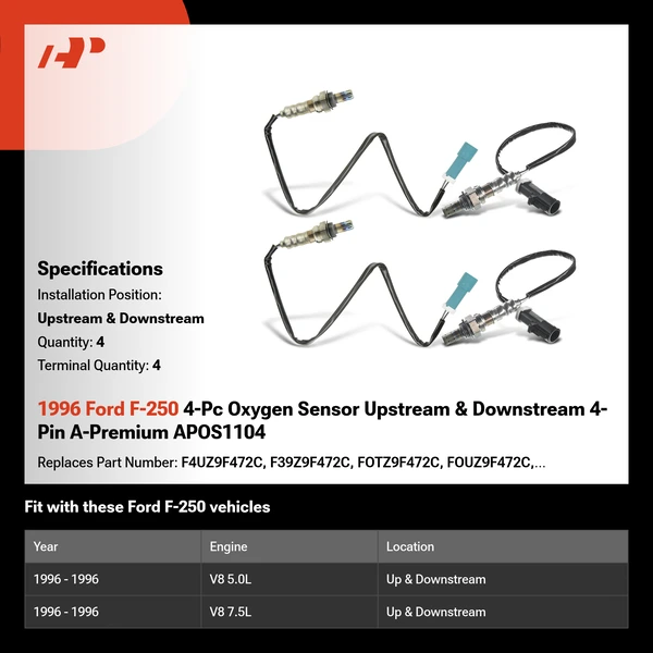 1996 Ford F-250 4-Pc Oxygen Sensor Upstream & Downstream 4-Pin A-Premium APOS1104