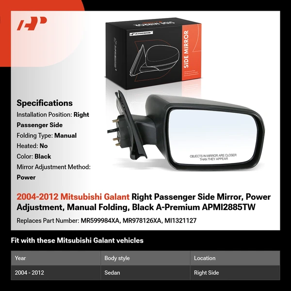 2004-2012 Mitsubishi Galant Right Passenger Side Mirror, Power Adjustment, Manual Folding, Black A-Premium APMI2885TW