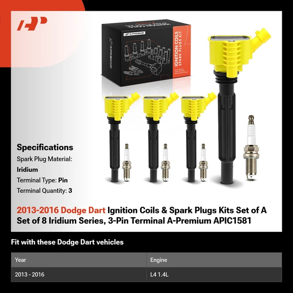 2013-2016 Dodge Dart Ignition Coils & Spark Plugs Kits Set of A Set of 8 Iridium Series, 3-Pin Terminal A-Premium APIC1581