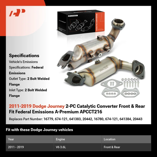 2011-2019 Dodge Journey 2-PC Catalytic Converter Front & Rear Fit Federal Emissions A-Premium APCCT216