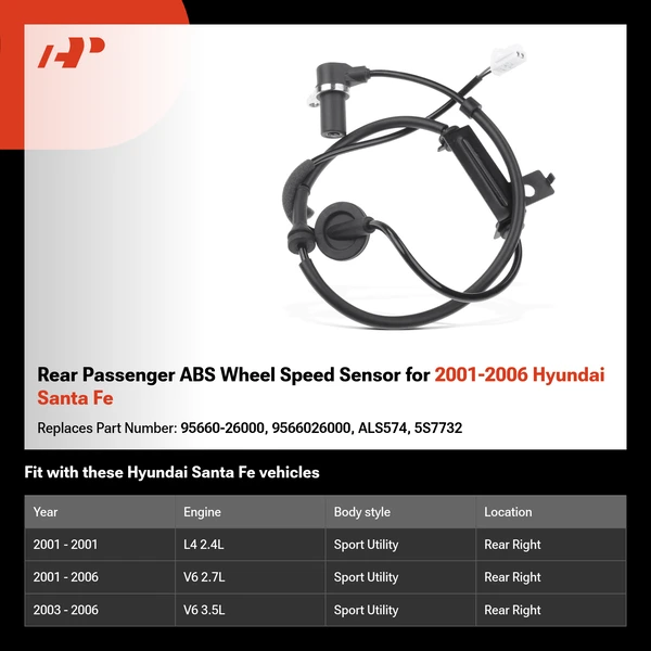 Rear Passenger ABS Wheel Speed Sensor for 2001-2006 Hyundai Santa Fe
