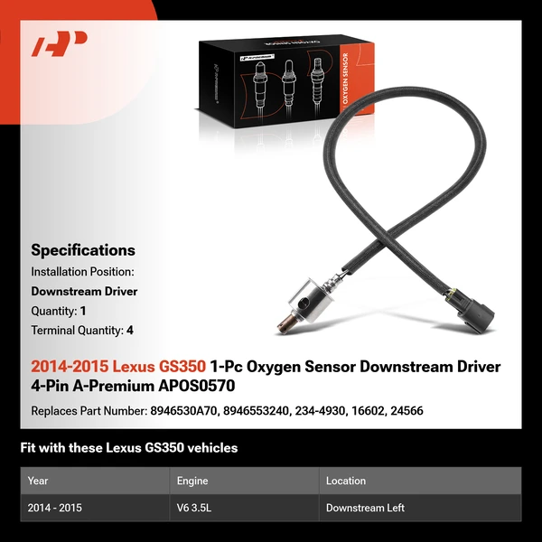 2014-2015 Lexus GS350 1-Pc Oxygen Sensor Downstream Driver 4-Pin A-Premium APOS0570