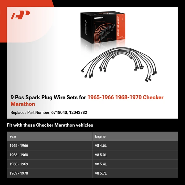 9 Pcs Spark Plug Wire Sets for 1965-1966 1968-1970 Checker Marathon