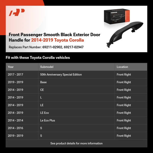 Front Passenger Smooth Black Exterior Door Handle for 2014-2019 Toyota Corolla